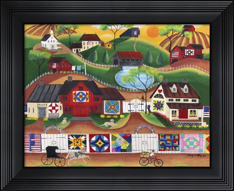 Framed Sunrise Colorful Country Quilt Village Print
