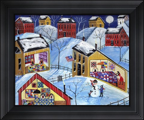 Framed Winter Moon Quilter Village Print