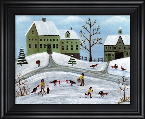 Framed Winter Turkey Feeding Print