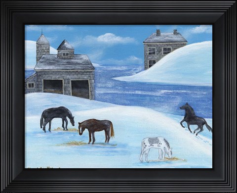 Framed Horses In Snow By River Folk Art Print