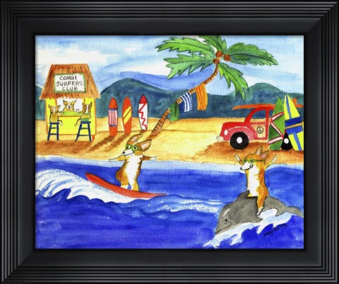 Framed Corgi Surfers Club Print
