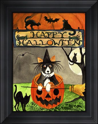 Framed Happy Dog Pumpkin Halloween Print