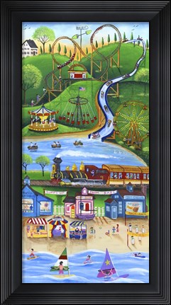 Framed Carnival Train Rides by the Beach Print