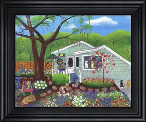 Framed Cats and Dog at Garden Folk Art House Print