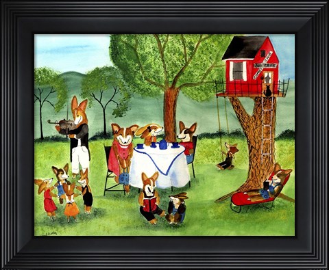 Framed Corgi Dog Tea Party Print