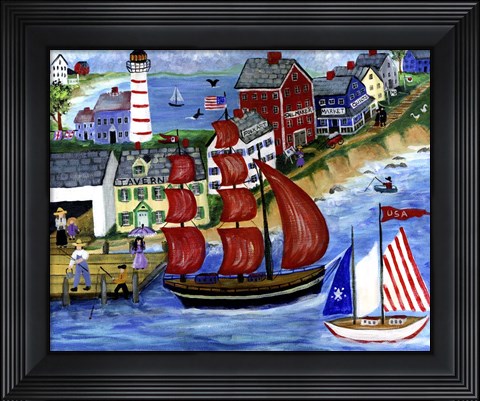 Framed Red Sails Folk Art Seaside Print