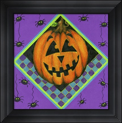 Framed Jack o Lantern with Purple Spiders Print