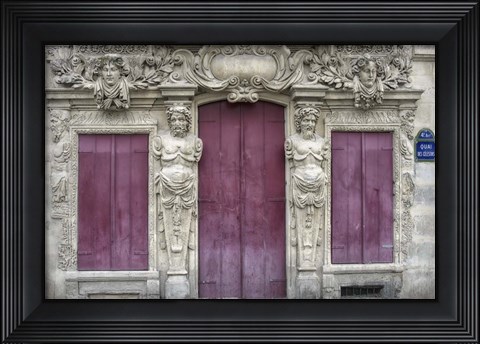 Framed Sculptured Facade In Le Marais Print