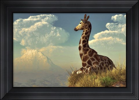 Framed Giraffe And Distant Mountain Print