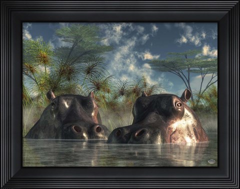 Framed Hippos Coming To Get You Print
