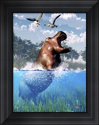 Framed Lunging Hippo Print