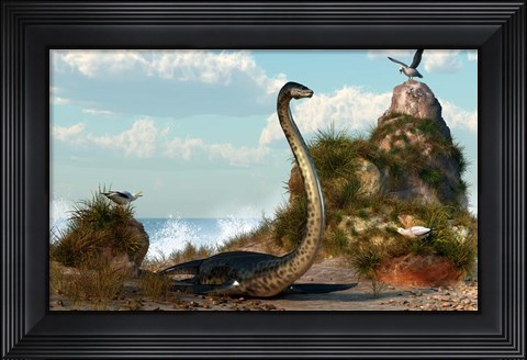 Framed Sea Monster On The Beach Print