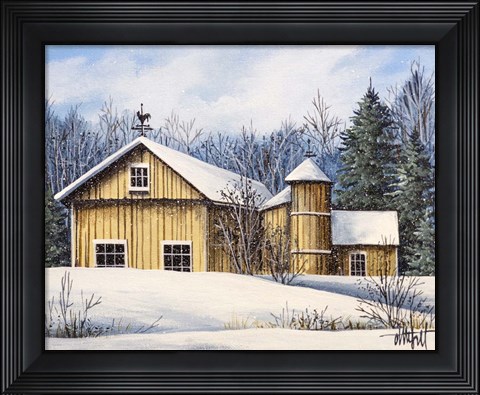 Framed Yellow Barn Winter 1 Print