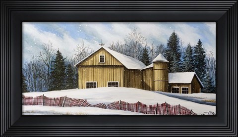 Framed Yellow Barn Winter 2 Print