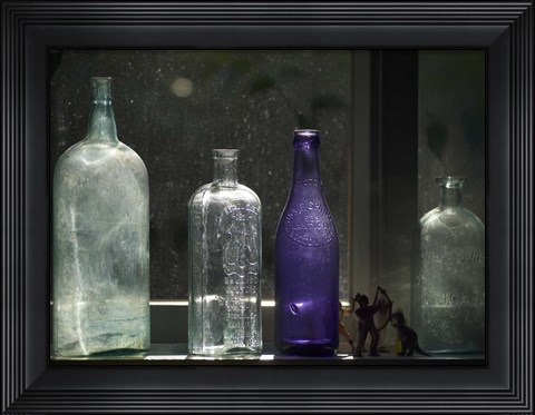 Framed Still Life With Bottles And Found Figurines Print