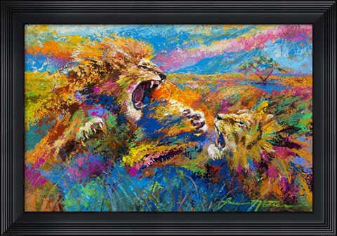 Framed Pride Fight in the Savanna - African Lions Print
