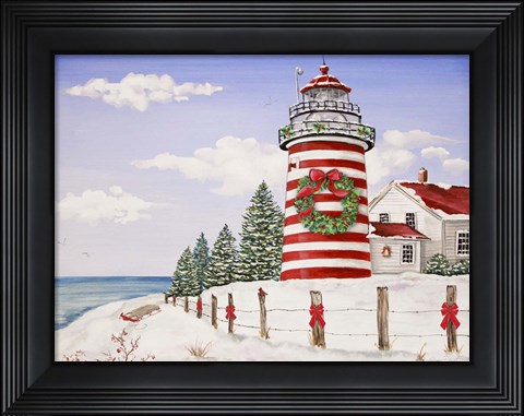 Framed Christmas Lighthouse Print