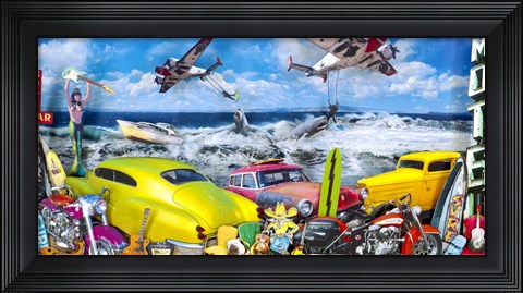 Framed Seaside Shark Surfing Print