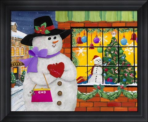 Framed Snow Woman Window Shops Print