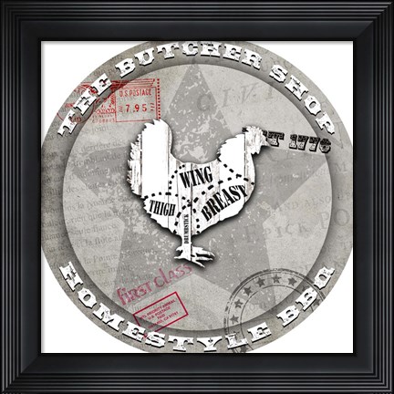 Framed American Butcher Shop Round Chicken Print