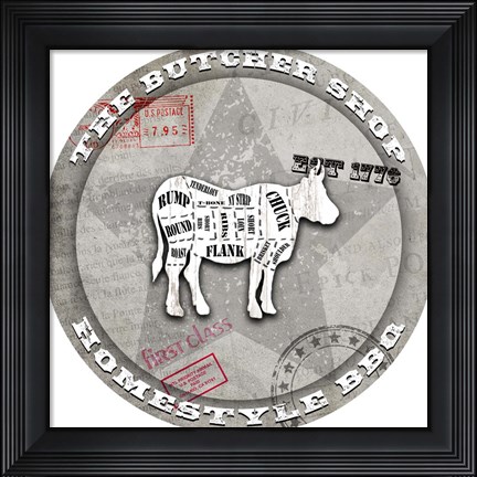 Framed American Butcher Shop Round Cow Print