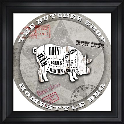 Framed American Butcher Shop Round Pig Print