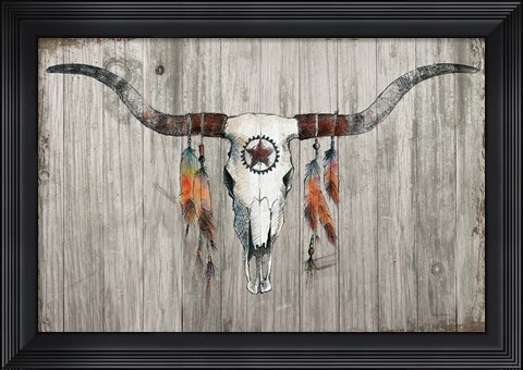 Framed Longhorn on Dark Gray Wood Print