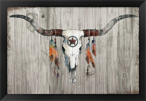 Framed Longhorn on Dark Gray Wood Print