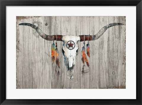Framed Longhorn on Dark Gray Wood Print