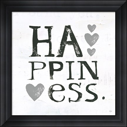 Framed Happiness Gray Hearts Print