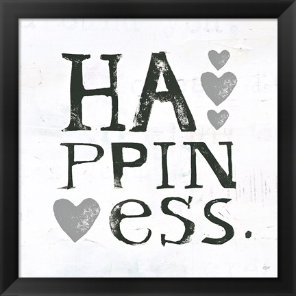 Framed Happiness Gray Hearts Print