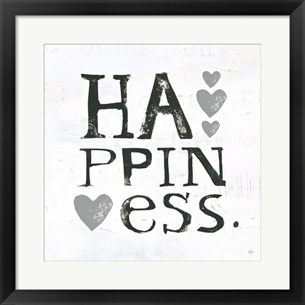 Framed Happiness Gray Hearts Print