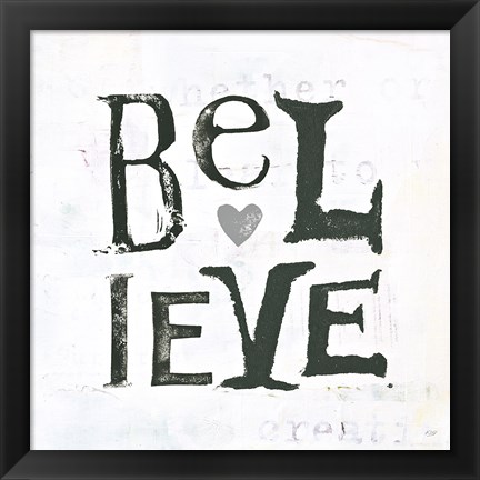 Framed Believe Gray Hearts Print