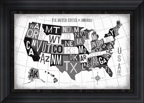 Framed Letterpress USA Map Dark Print