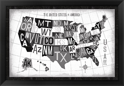 Framed Letterpress USA Map Dark Print