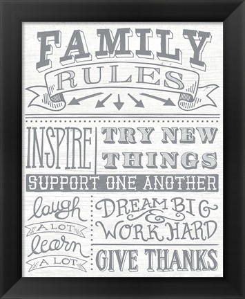 Framed Family Rules II Gray Words Print