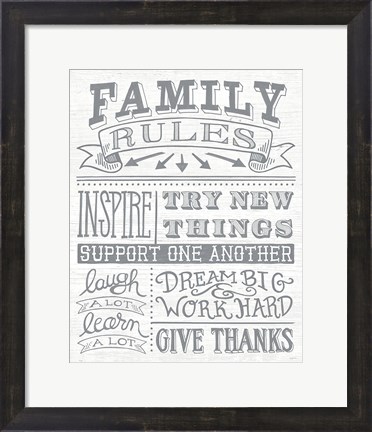 Framed Family Rules II Gray Words Print