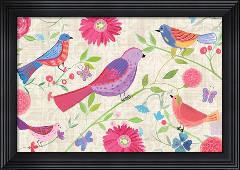 Framed Damask Floral and Bird I Print