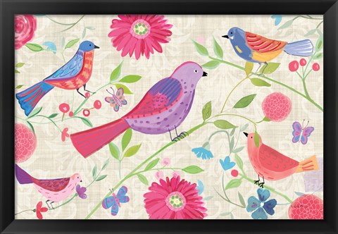 Framed Damask Floral and Bird I Print