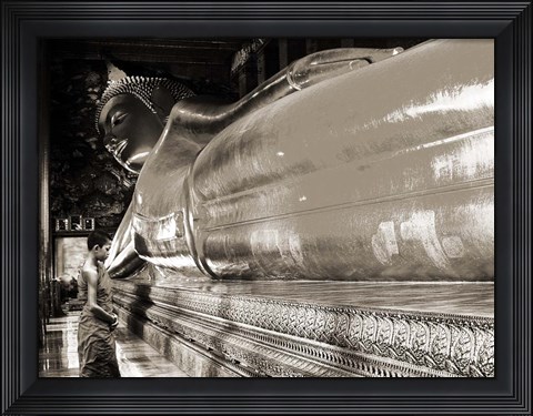 Framed Praying the reclined Buddha, Wat Pho, Bangkok, Thailand (sepia) Print