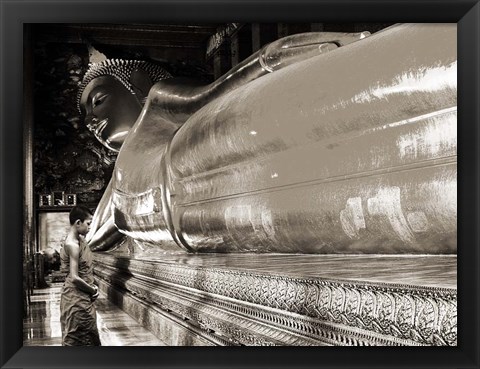 Framed Praying the reclined Buddha, Wat Pho, Bangkok, Thailand (sepia) Print