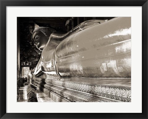 Framed Praying the reclined Buddha, Wat Pho, Bangkok, Thailand (sepia) Print