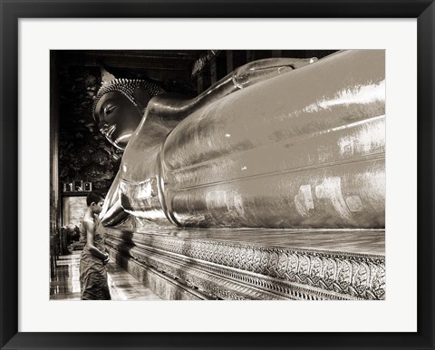 Framed Praying the reclined Buddha, Wat Pho, Bangkok, Thailand (sepia) Print