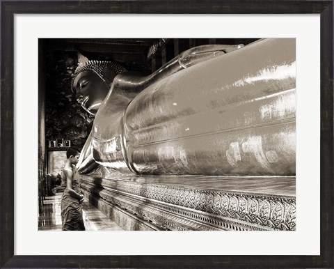 Framed Praying the reclined Buddha, Wat Pho, Bangkok, Thailand (sepia) Print