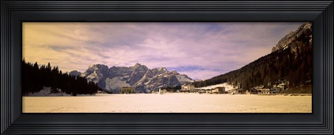 Framed Frozen Lake with Town at Mountainside, Lake Misurina, Veneto, Italy Print