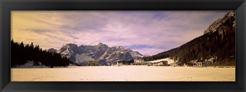 Framed Frozen Lake with Town at Mountainside, Lake Misurina, Veneto, Italy Print