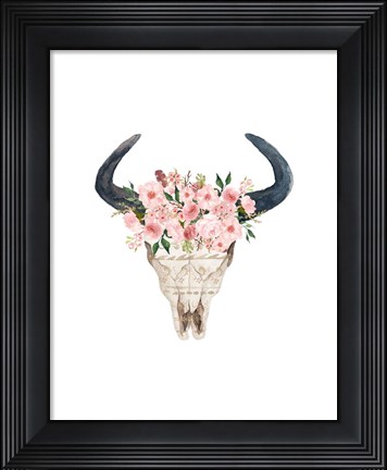 Framed Pink Floral Bull Skull Print