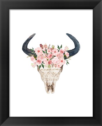 Framed Pink Floral Bull Skull Print