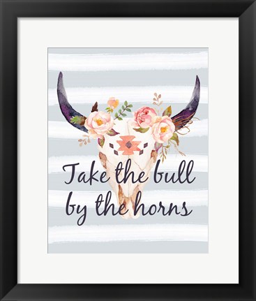 Framed Bull Skull on Stripes III Print