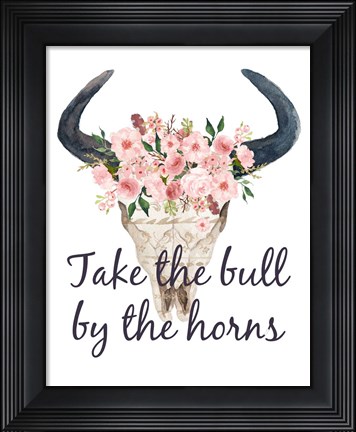 Framed Pink Floral Bull Skull Print